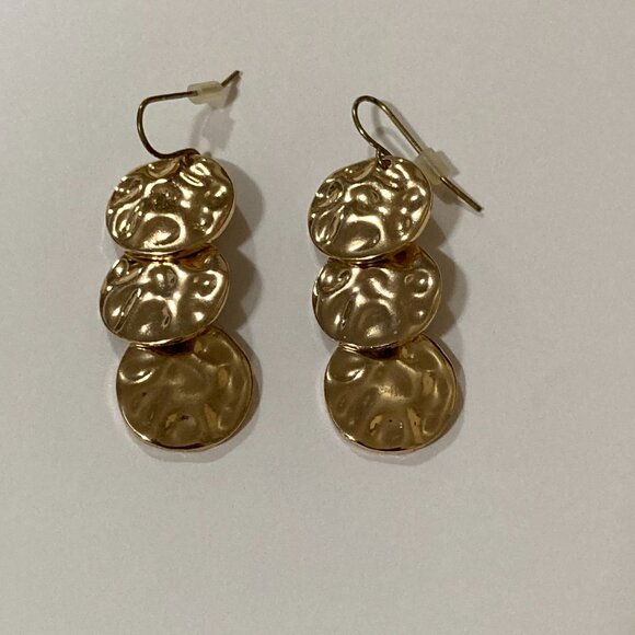 Gold Tone Hammered Disc Drop Earrings - Picture 2 of 5